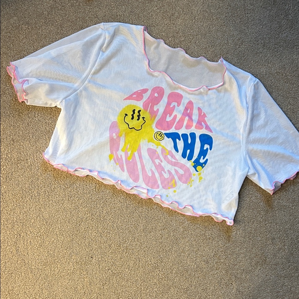 White Cropped sheer swim Tee with Pink, Yellow & Blue Print
